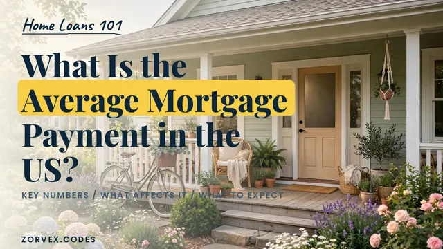 A sage-green American home with a flower-filled porch, bicycle and hanging plants in morning light — the average US mortgage payment explained