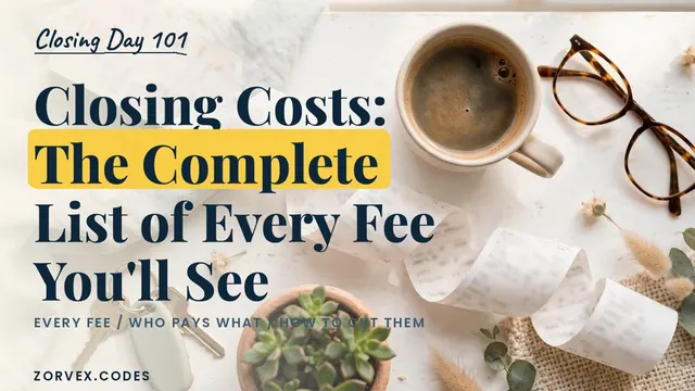 A very long paper receipt curling across a white desk with house keys, coffee and glasses — the complete list of mortgage closing costs