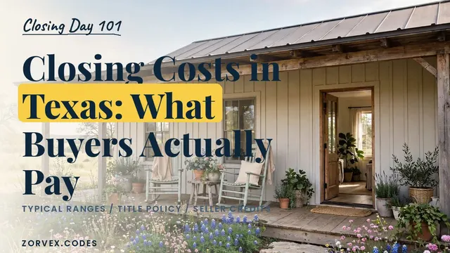 A Texas ranch-style home with a wide porch, rocking chairs and wildflowers — closing costs in Texas