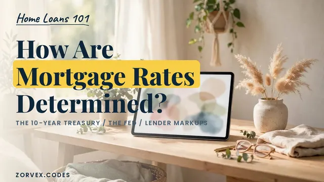 A bright home-office desk with a tablet showing an abstract chart, plants and soft curtains — how mortgage rates are determined
