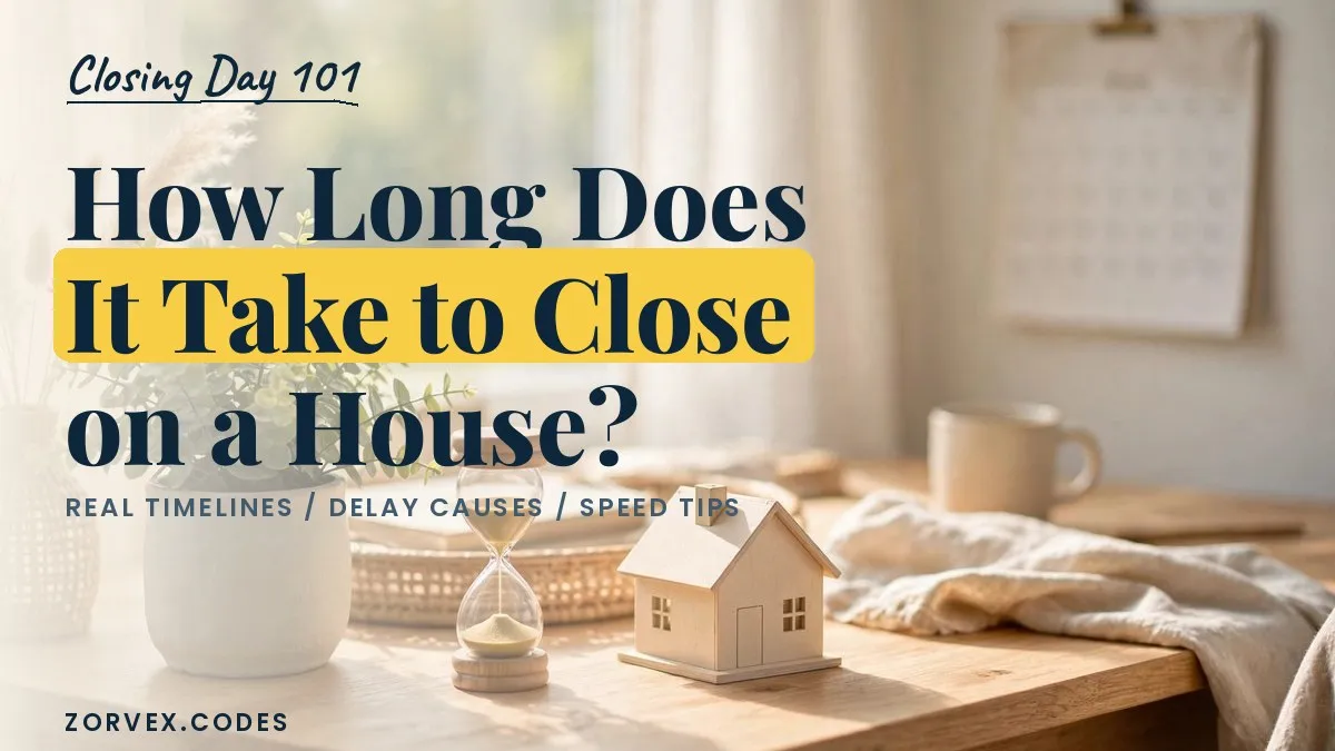 A desk with a calendar, an hourglass, a model house and a plant in morning light — how long it takes to close on a house