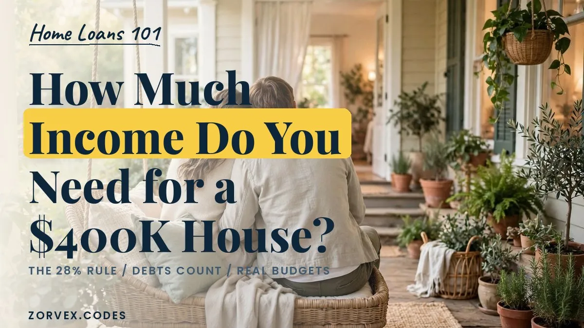 A couple seen from behind on a porch swing looking at their home in morning light — income needed to buy a $400K house