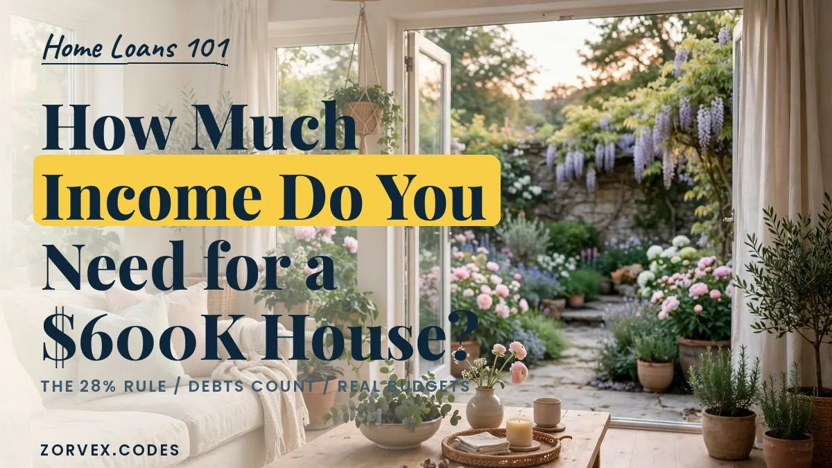 An elegant home with a blooming garden in soft evening light — income needed to buy a $600K house