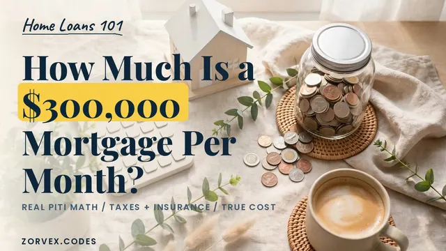 A bright desk flat-lay with a model house, a jar of coins, a calculator and coffee by a window — what a $300,000 mortgage costs per month