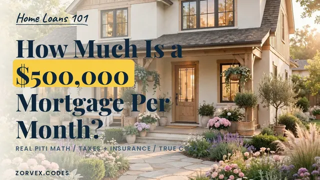 A large suburban home with a landscaped flower garden in golden light — what a $500,000 mortgage costs per month