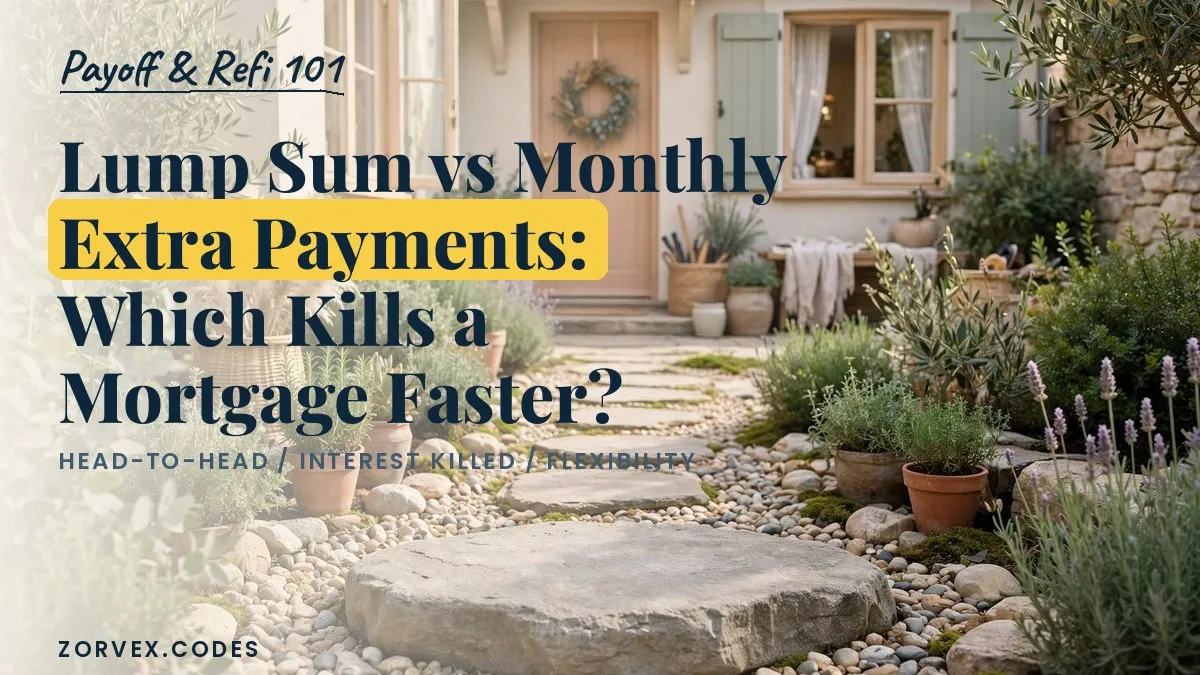 A garden stepping-stone path with one large stone and many small ones leading to a house — lump sum vs monthly extra mortgage payments