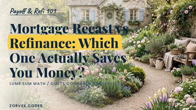 A garden path splitting around flower beds toward a cottage — mortgage recast vs refinance compared