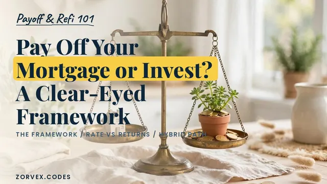 A brass balance scale on a bright kitchen table weighing a tiny house against a plant growing from gold coins — paying off a mortgage vs investing