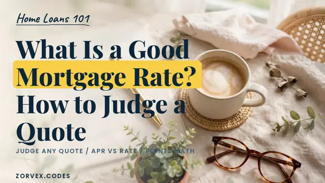 A styled desk with a fountain pen, blurred paperwork, coffee and reading glasses — how to judge whether a mortgage rate quote is good
